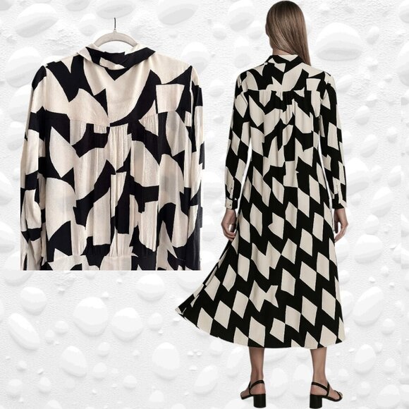 Zara Monochrome Abstract Long Sleeve Maxi Dress Size M - TALL - Picture 2 of 5